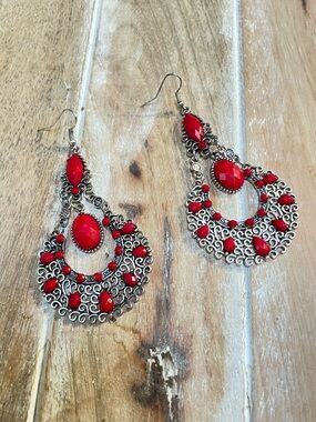 Red Filigree Teardrop Dangle Earrings - Women Jewelry